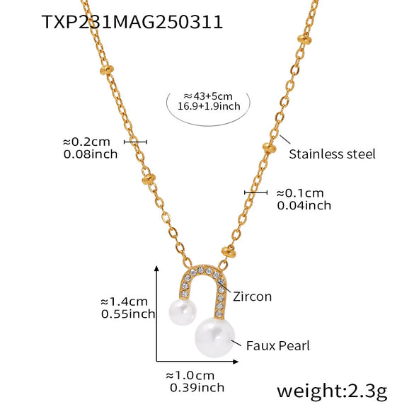 Stainless Steel Ushaped Bead Zircon Earrings And Necklace Electroplated Light Luxury Fashion For Women