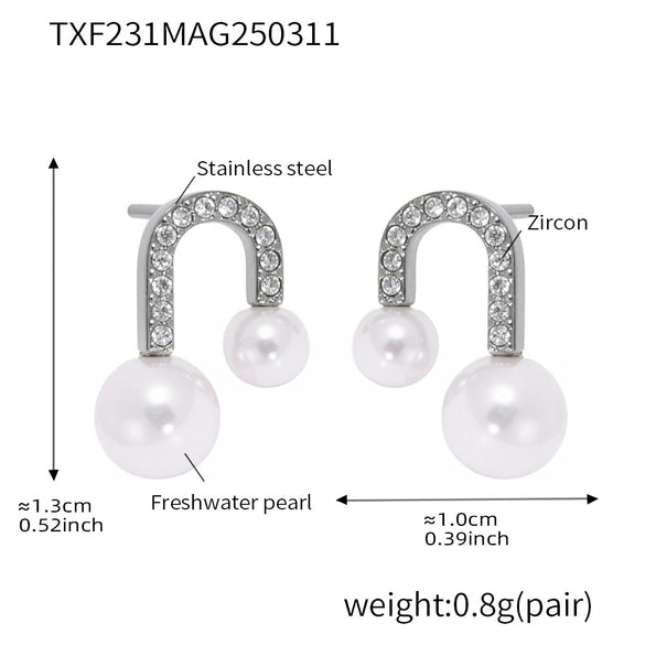 Stainless Steel Ushaped Bead Zircon Earrings And Necklace Electroplated Light Luxury Fashion For Women