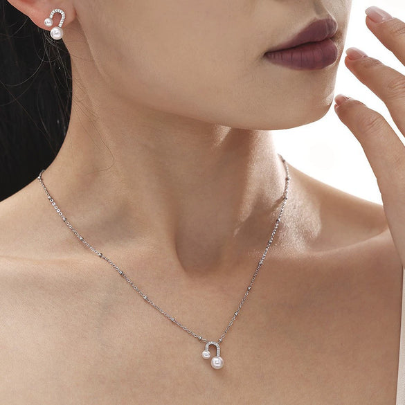 Stainless Steel Ushaped Bead Zircon Earrings And Necklace Electroplated Light Luxury Fashion For Women