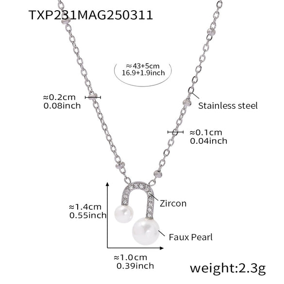 Stainless Steel Ushaped Bead Zircon Earrings And Necklace Electroplated Light Luxury Fashion For Women