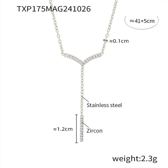 Stainless Steel V Shaped Tassel Long Strip Inlaid Zircon Electroplated Clavicle Necklace And Bracelet Set For Women