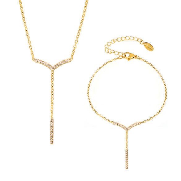 Stainless Steel V Shaped Tassel Long Strip Inlaid Zircon Electroplated Clavicle Necklace And Bracelet Set For Women