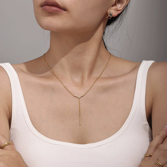 Stainless Steel V Shaped Tassel Long Strip Inlaid Zircon Electroplated Clavicle Necklace And Bracelet Set For Women