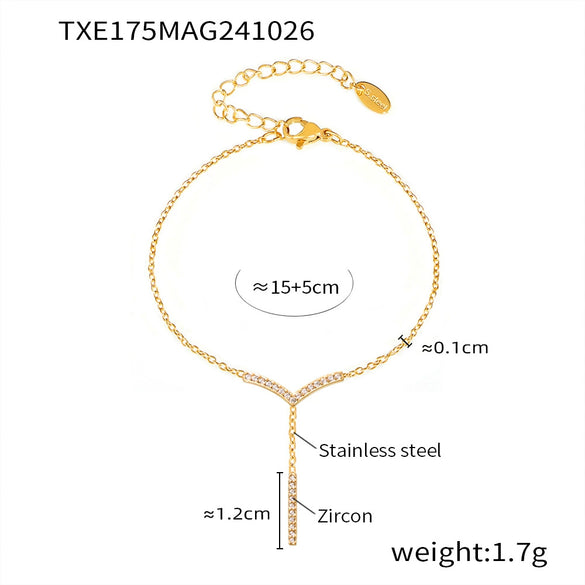 Stainless Steel V Shaped Tassel Long Strip Inlaid Zircon Electroplated Clavicle Necklace And Bracelet Set For Women