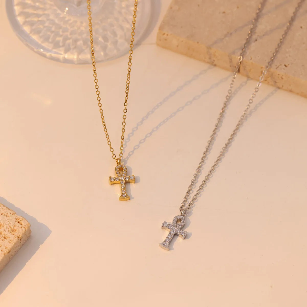 Wholesale Jewelry Vintage Style Simple Style Cross 304 Stainless Steel Zircon Plating Inlay Pendant Necklace