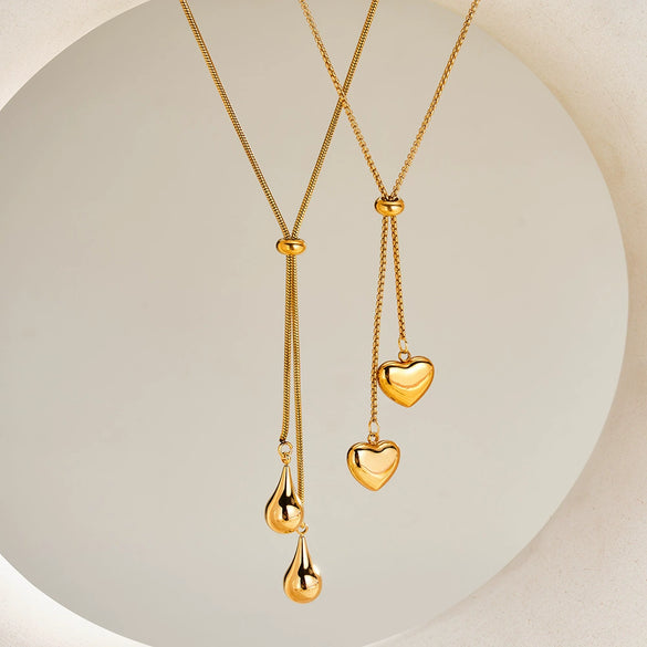 Stainless Steel Water Drop Heart Pendant Necklace For Women Geometric Minimalist Design 18K Vacuum Plated
