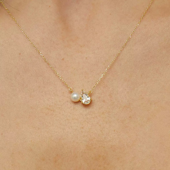 Stainless Steel Water Drop Shape Pearl December Birthstone Zircon Pendant Necklace With Electroplating Ancient Geometric Style