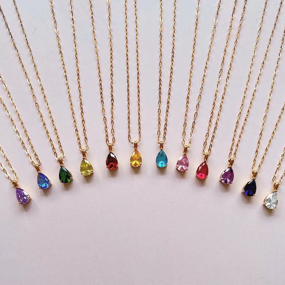 Stainless Steel Water Drop Shaped Zircon Pendant Necklace With 12 Zodiac Flower Electroplating