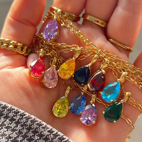 Stainless Steel Water Drop Shaped Zircon Pendant Necklace With 12 Zodiac Flower Electroplating