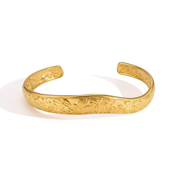 Stainless Steel Waveshaped Open Bangle Bracelet With Geometric Plated Finish Fashion Jewelry
