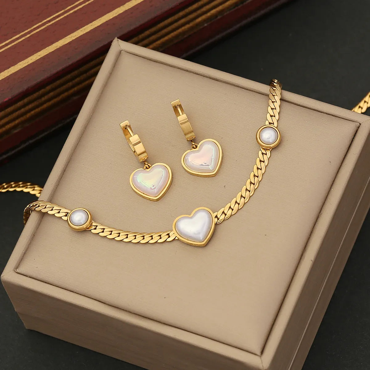 Stainless Steel Wedding Romantic Commute Heart Shape Plating Inlay Pearl Bracelets Earrings Necklace