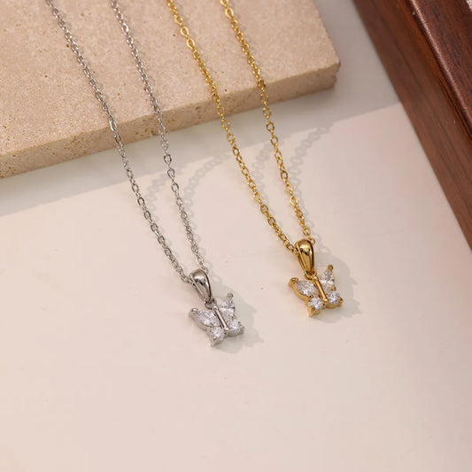 Stainless Steel White Gold Plated Gold Plated Elegant Simple Style Butterfly Plating Inlay Zircon Pendant Necklace