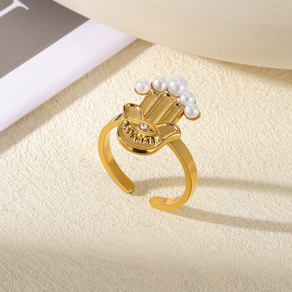 Stainless Steel Wiredrawing Fivepetal Ring With Green Zircon Electroplated Crown And Wave Pattern For Women Light Luxury Retro
