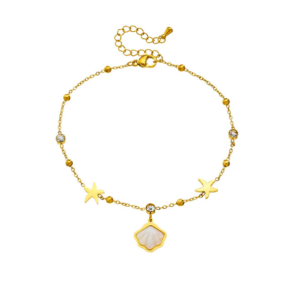 Stainless Steel Women's Anklet With Shell Starfish Pendant And Round Rhinestone Chain In Simple Style