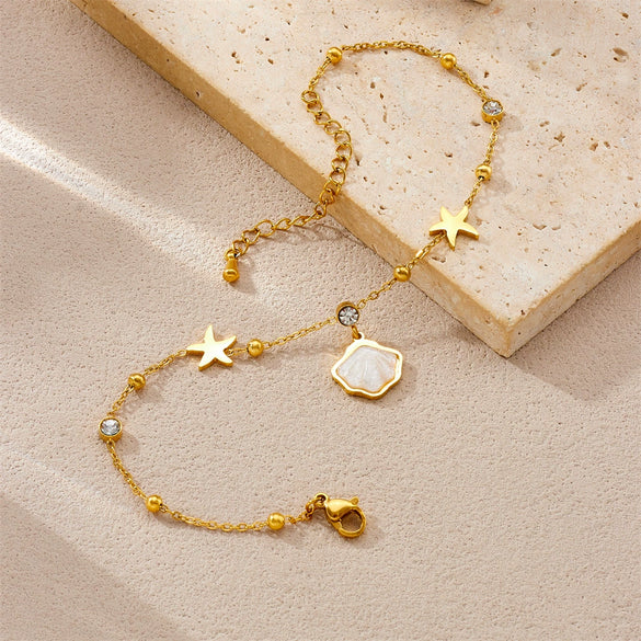 Stainless Steel Women's Anklet With Shell Starfish Pendant And Round Rhinestone Chain In Simple Style