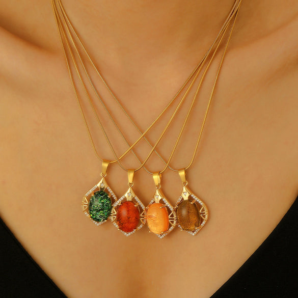 Stainless Steel Women's Baroquestyle Pendant Necklace With Leaf Animal And Zodiac Inlaid Gemstones
