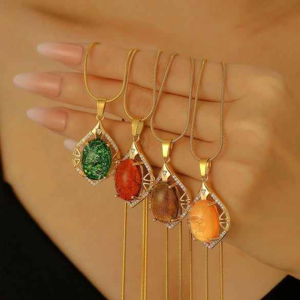 Stainless Steel Women's Baroquestyle Pendant Necklace With Leaf Animal And Zodiac Inlaid Gemstones