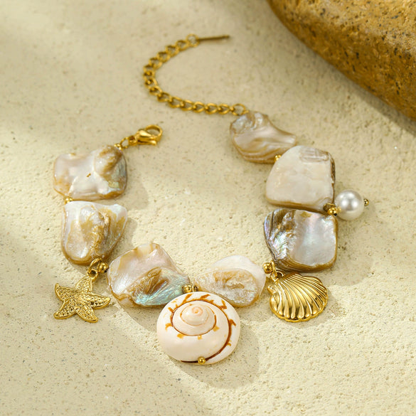 Stainless Steel Women's Bracelet Light Luxury Vacation Style With Shell Pearl And Electroplating