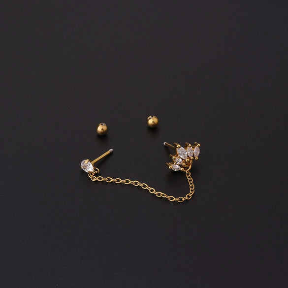 Stainless Steel Women's Double Ear Hole Ear Bone Nail Earrings With Flower Pattern And Electroplating Design