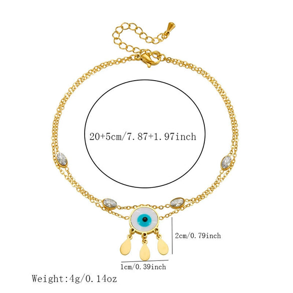 Stainless Steel Women's Double Layer Stacked Small Flower Eyes Water Drop Diamond Tassel Chain Anklet