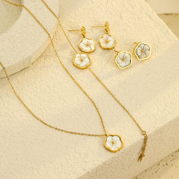 Stainless Steel Women's Earrings Necklace Bracelet With Zircon Flower Inlaid Motherofpearl Petal Pendant And Electroplating Design