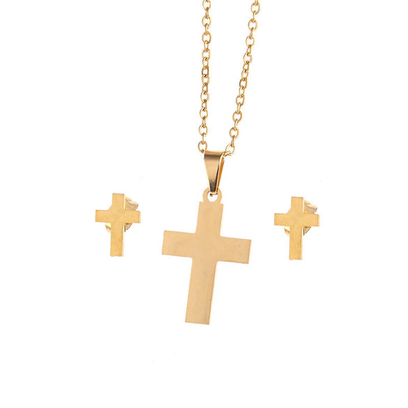 Stainless Steel Women's Earrings Necklace Threepiece Set With Crown Lotus Hollow Butterfly Cross Pattern Electroplated