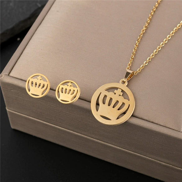 Stainless Steel Women's Earrings Necklace Threepiece Set With Crown Lotus Hollow Butterfly Cross Pattern Electroplated