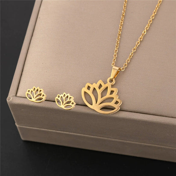 Stainless Steel Women's Earrings Necklace Threepiece Set With Crown Lotus Hollow Butterfly Cross Pattern Electroplated