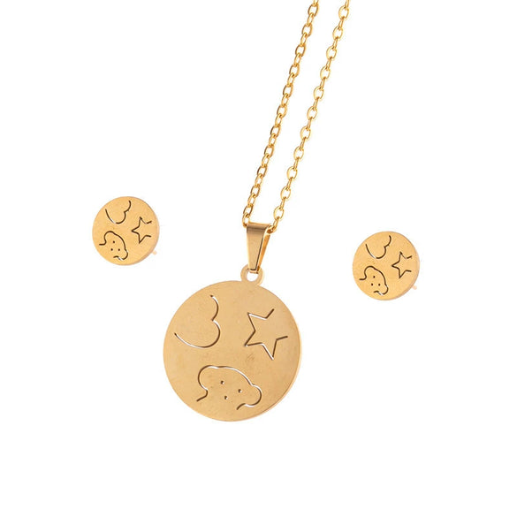 Stainless Steel Women's Earrings Necklace Threepiece Set With Crown Lotus Hollow Butterfly Cross Pattern Electroplated