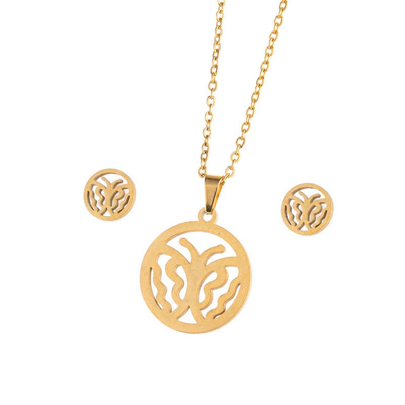 Stainless Steel Women's Earrings Necklace Threepiece Set With Crown Lotus Hollow Butterfly Cross Pattern Electroplated