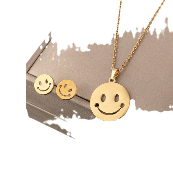 Stainless Steel Women's Earrings Necklace Threepiece Set With Crown Lotus Hollow Butterfly Cross Pattern Electroplated