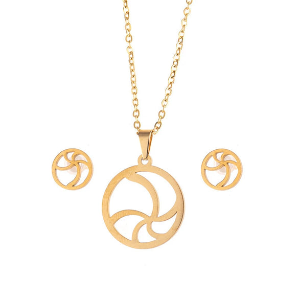 Stainless Steel Women's Earrings Necklace Threepiece Set With Crown Lotus Hollow Butterfly Cross Pattern Electroplated