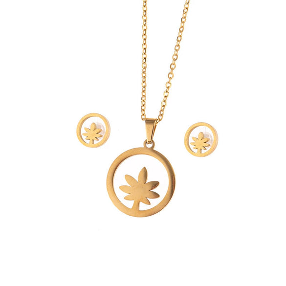 Stainless Steel Women's Earrings Necklace Threepiece Set With Crown Lotus Hollow Butterfly Cross Pattern Electroplated