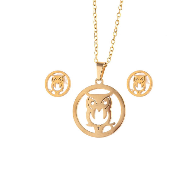 Stainless Steel Women's Earrings Necklace Threepiece Set With Crown Lotus Hollow Butterfly Cross Pattern Electroplated