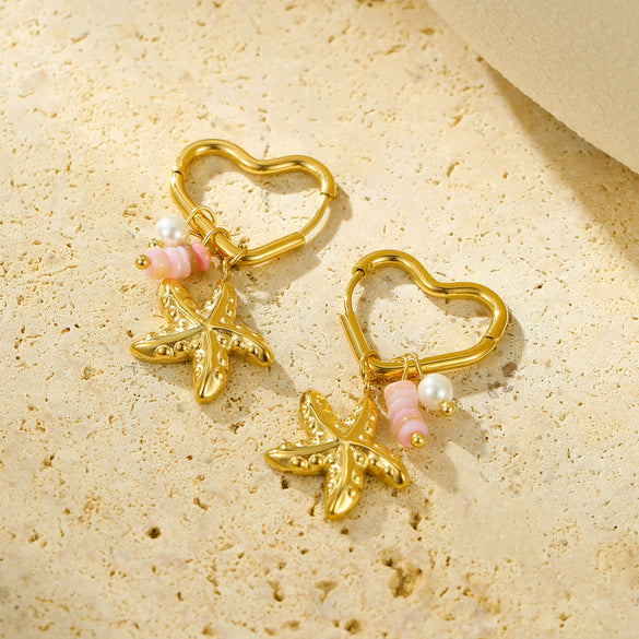 Stainless Steel Women's Earrings Ocean Style Starfish With Heart Shape And Geometric Pattern Electroplated