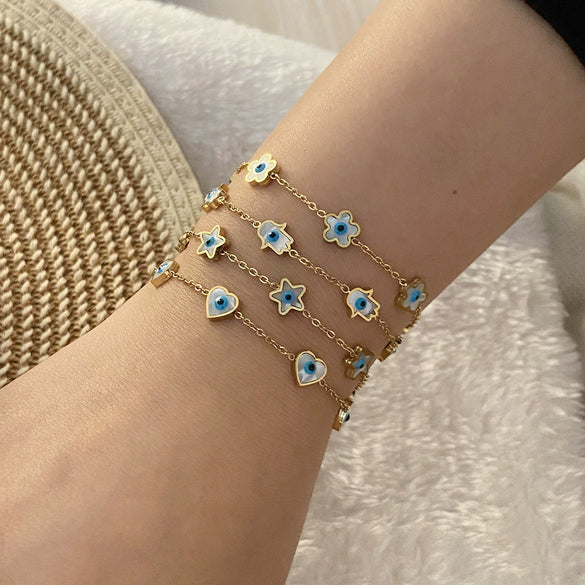 Stainless Steel Women's Eye Bracelet With Star Flower And Heart Patterns Electroplated