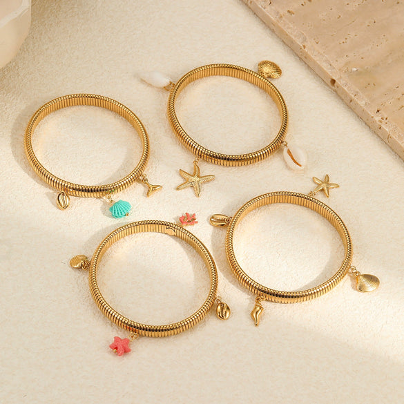 Stainless Steel Women's Fashion Bracelet With Starfish Shell Pendant Geometric Pattern Electroplated