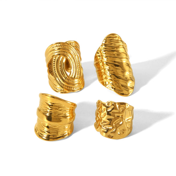 Stainless Steel Women's Fashion Exaggerated Ring With Hammer Pattern And Geometric Design Electroplated
