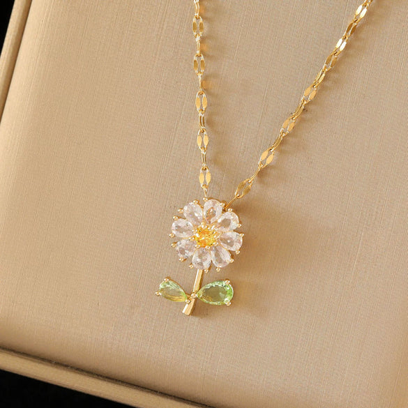 Stainless Steel Women's Fashion Rotating Sunflower Geometric Style Necklace With Mixed Gemstone Inlay And Electroplating