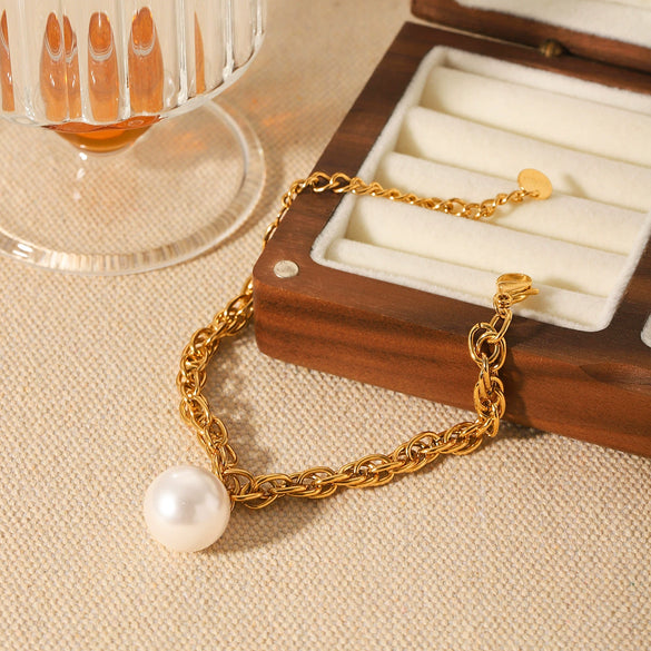 Stainless Steel Women's Geometric Cross Chain Bracelet With Pearl Pendant And Electroplating Treatment