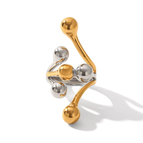Stainless Steel Women's Geometric Irregular Spherical Casting Ring With Gold And Silver Color Matching And Electroplating