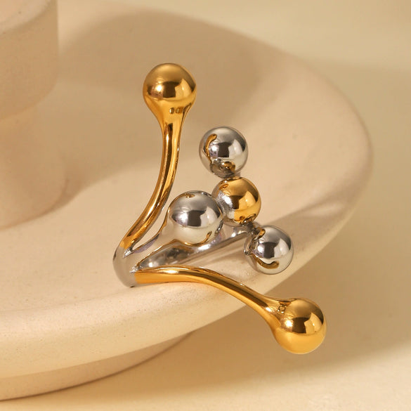 Stainless Steel Women's Geometric Irregular Spherical Casting Ring With Gold And Silver Color Matching And Electroplating