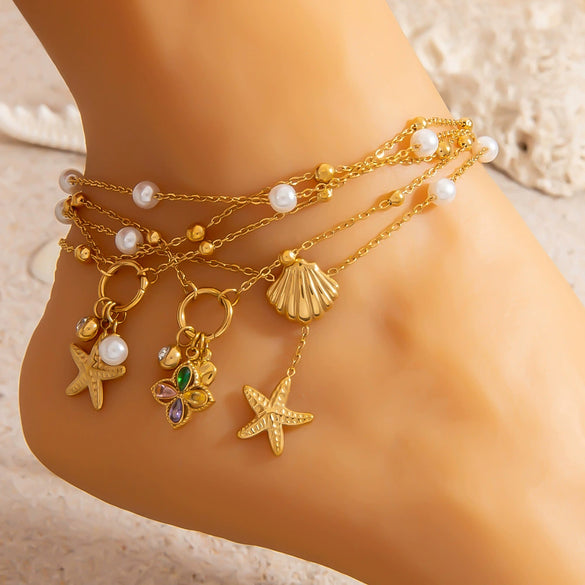 Stainless Steel Women's Geometric Starfish Pendant Anklet
