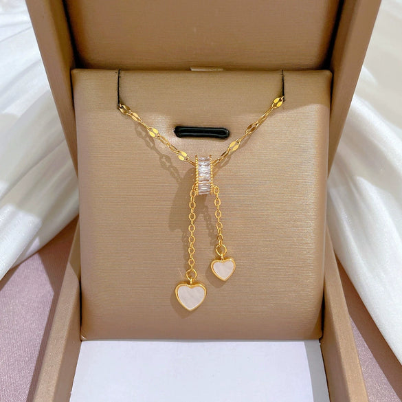 Stainless Steel Women's Geometric Tassel Love Shell Micro Diamond Lip Chain Necklace