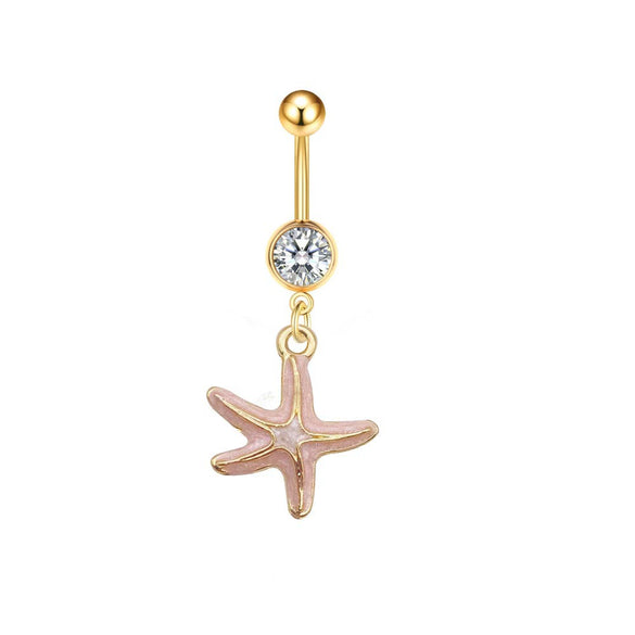 Stainless Steel Women's Navel Ring With Starfish And Star Shaped Pendant Electroplated