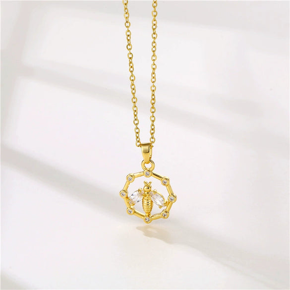 Stainless Steel Women's Necklace With Microinlay Bees And Electroplating Treatment