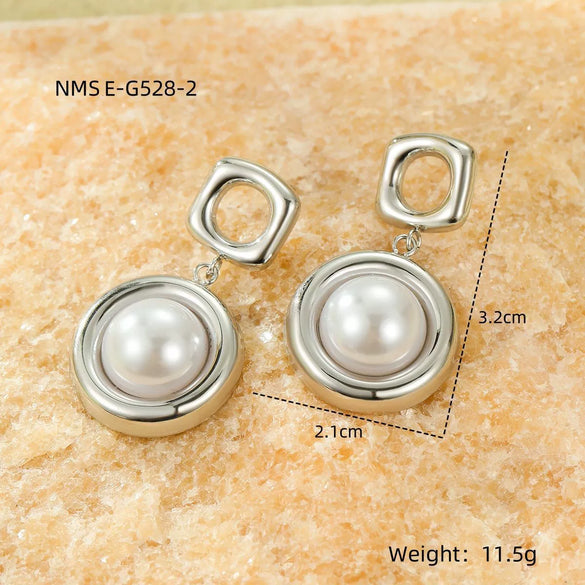 Stainless Steel Women's Square Hollow Round Pearl Pendant Earrings With Electroplating