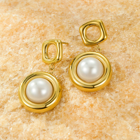 Stainless Steel Women's Square Hollow Round Pearl Pendant Earrings With Electroplating