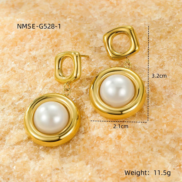 Stainless Steel Women's Square Hollow Round Pearl Pendant Earrings With Electroplating
