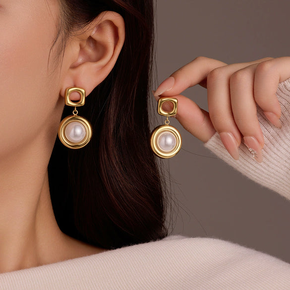 Stainless Steel Women's Square Hollow Round Pearl Pendant Earrings With Electroplating